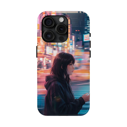 Neon City Girl Tough Case - Urban Melancholy Anime Cover for iPhone & Samsung