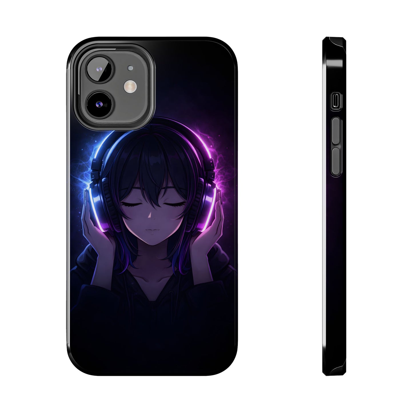 Neon Music Anime Girl Tough Case - Purple & Blue Aesthetic Cover for iPhone & Samsung