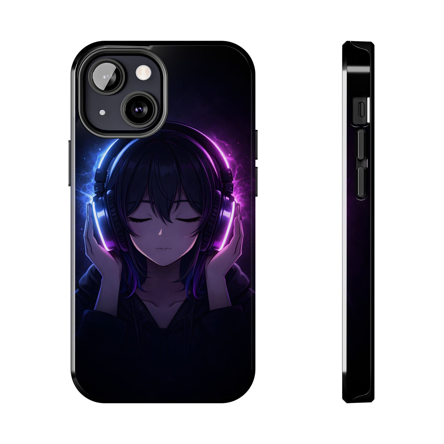 Neon Music Anime Girl Tough Case - Purple & Blue Aesthetic Cover for iPhone & Samsung